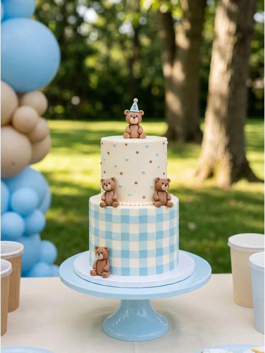 A teddy bear themed birthday setup with light blue balloons and a cream backdrop.