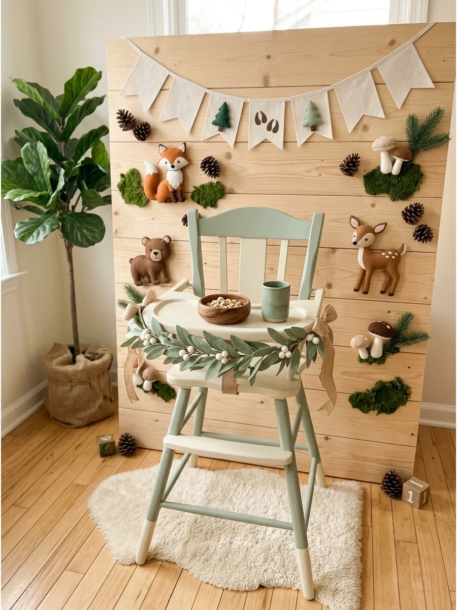 A woodland themed birthday party with sage green decor and wooden accents.