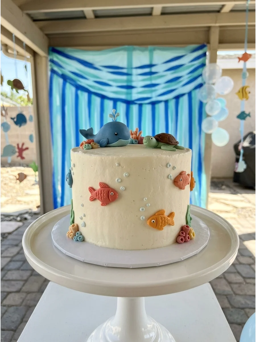 An underwater themed birthday party with blue wavy backdrops and white pedestals.