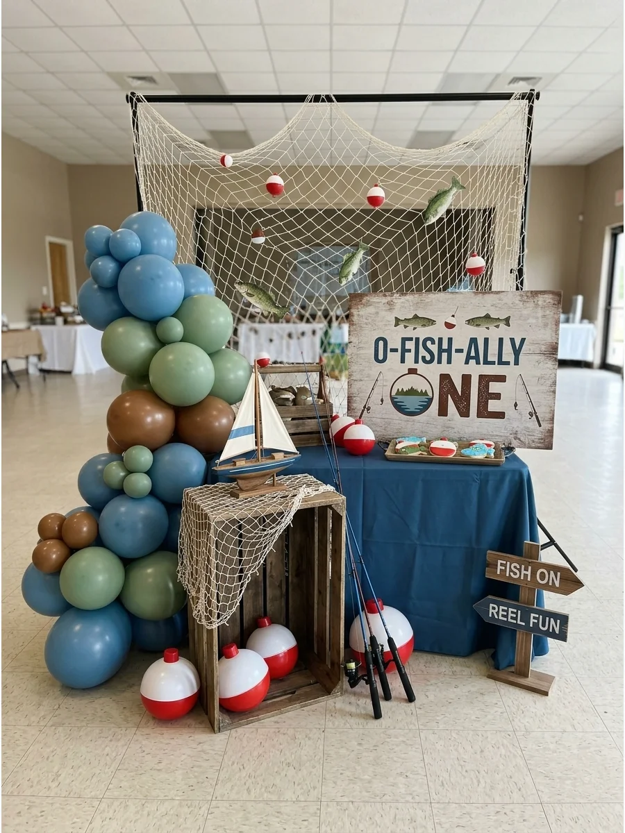 A fishing themed birthday party with a toy boat and blue balloon decorations.