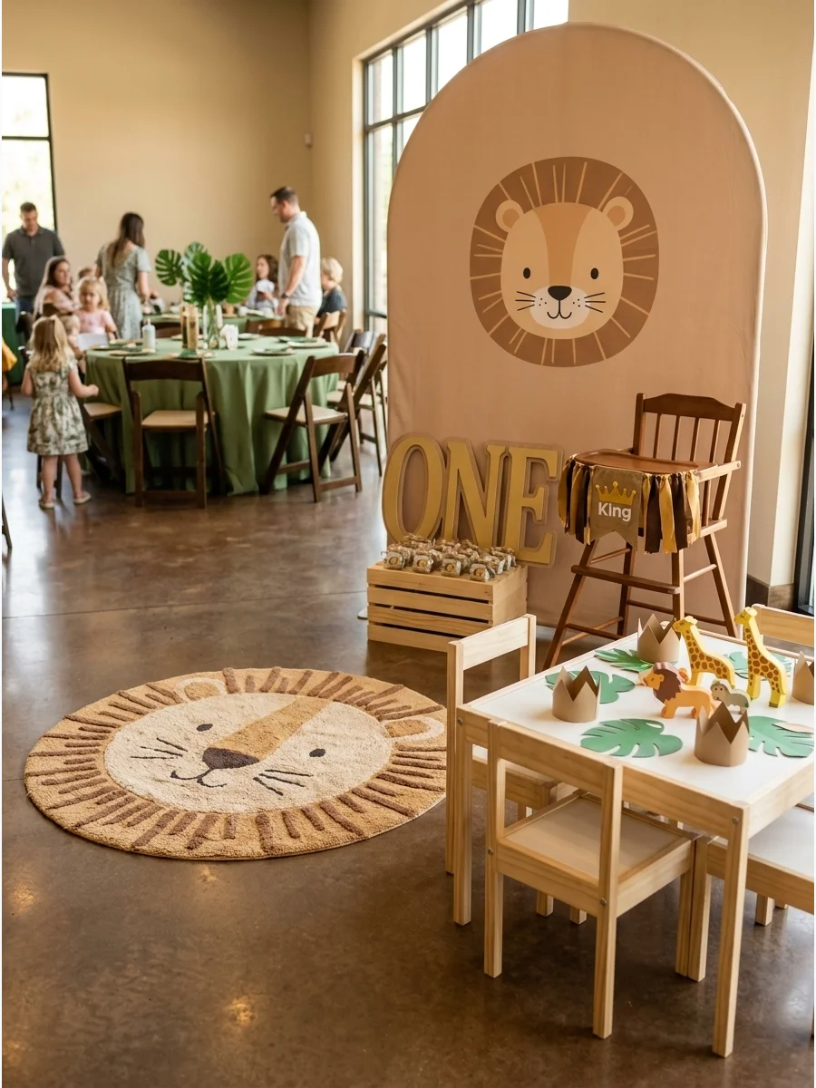 A lion themed birthday party with tan and gold colors and a lion face backdrop.