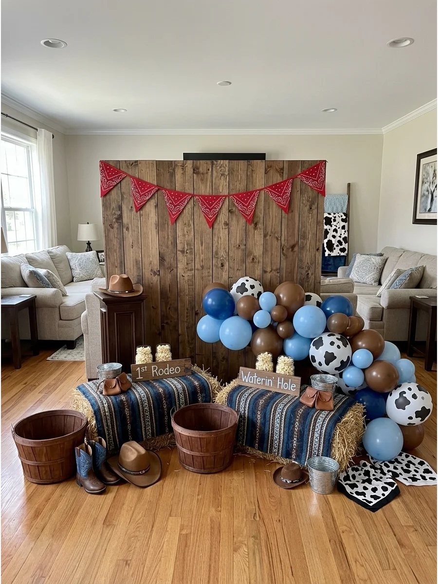 Western rodeo birthday theme with blue bandanas and rustic wood decor.