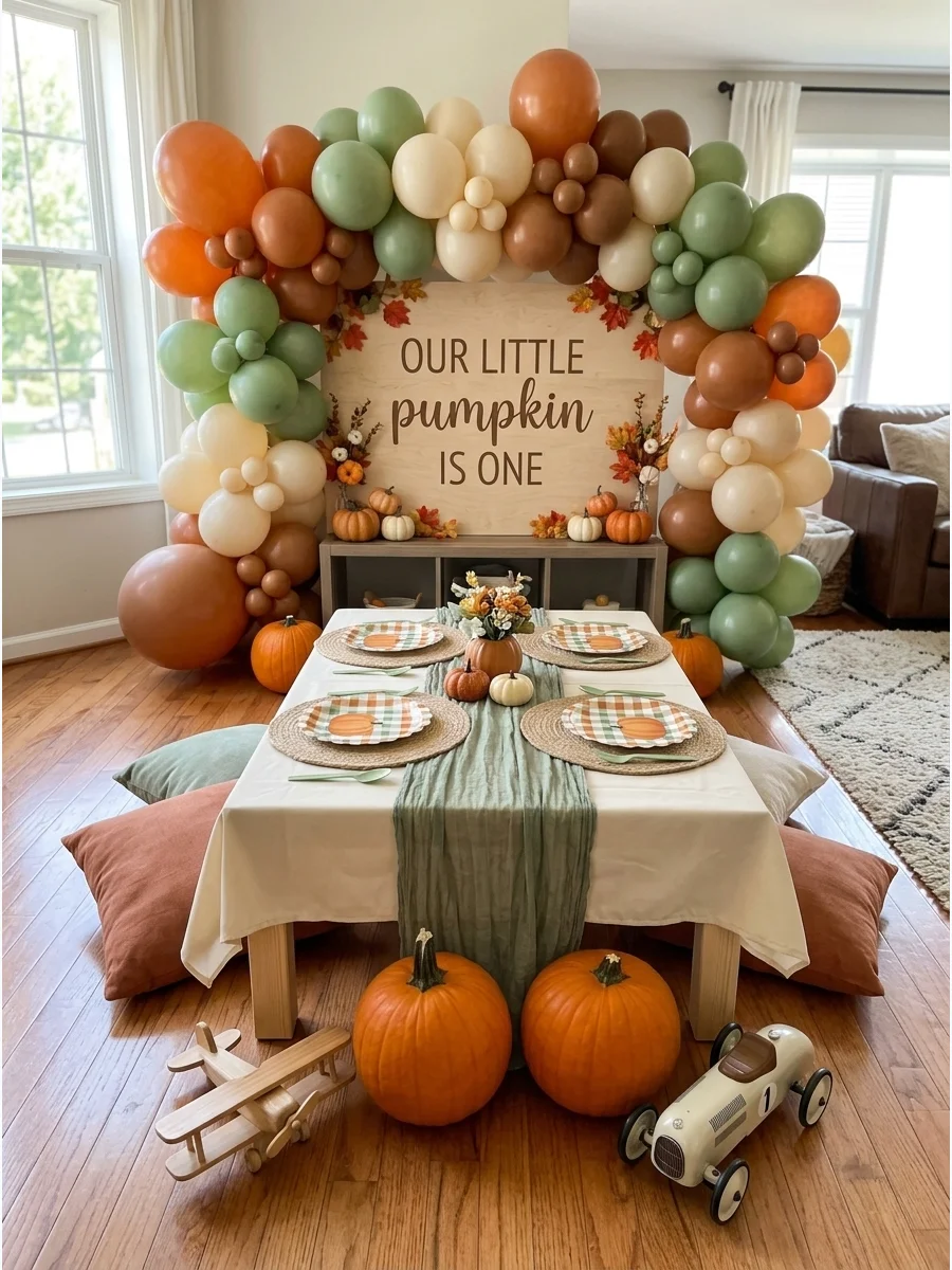 A pumpkin themed birthday party with orange and cream balloons and wooden signs.