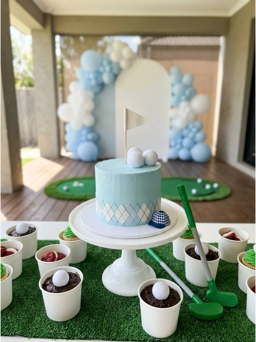 A golf-themed first birthday table with green turf and a navy flag.