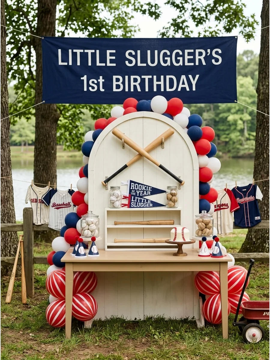 A vintage baseball birthday theme with red stripes and navy accents.