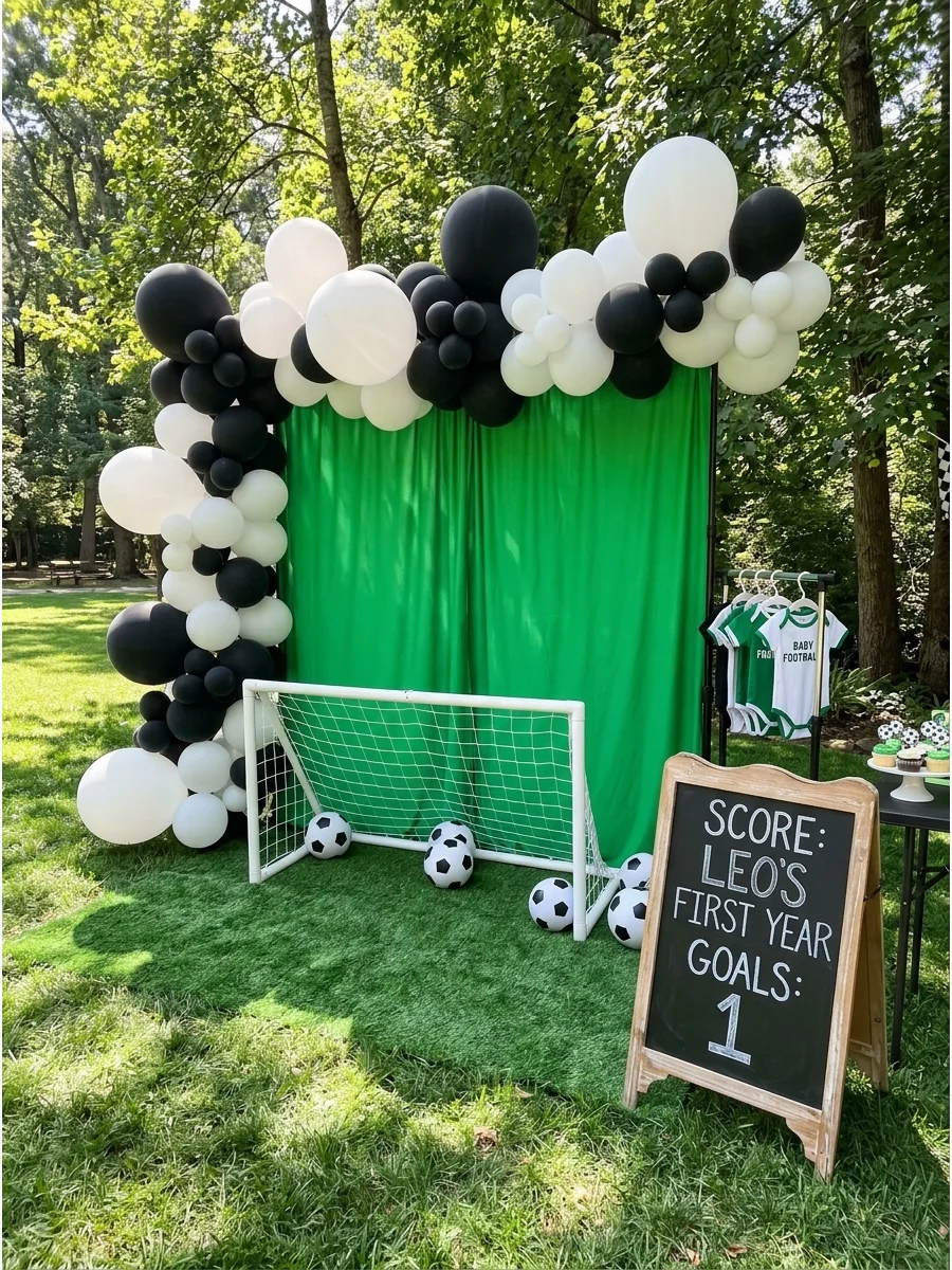 A soccer-themed birthday with a black and white balloon arch and green grass.