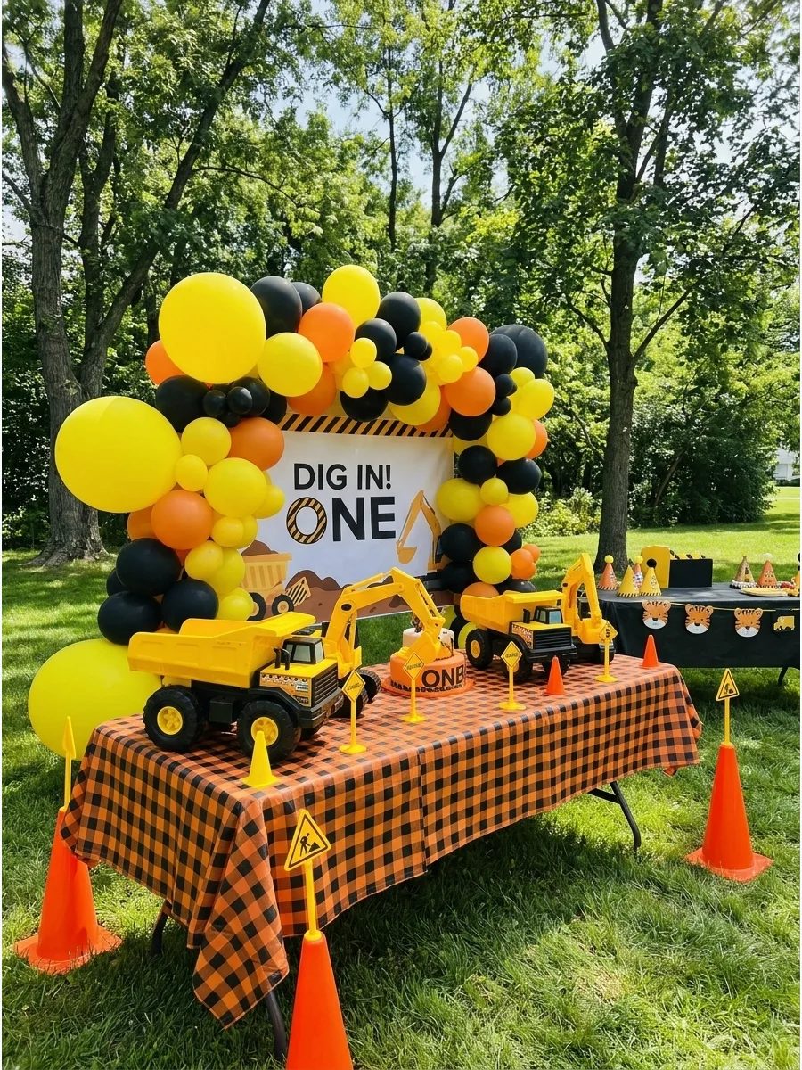 A construction-themed birthday with yellow balloons and orange traffic cones.