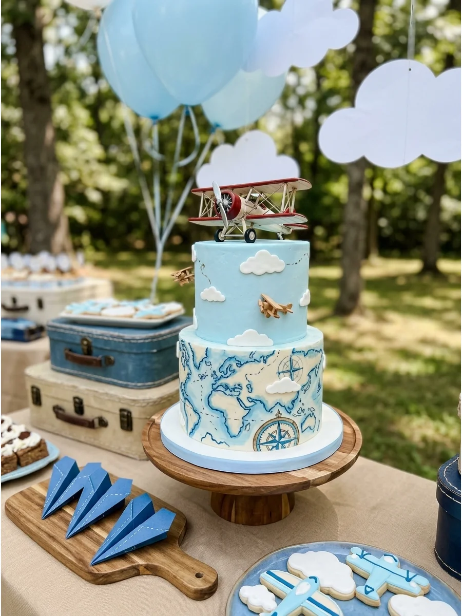 An airplane-themed birthday with light blue balloons and white paper clouds.