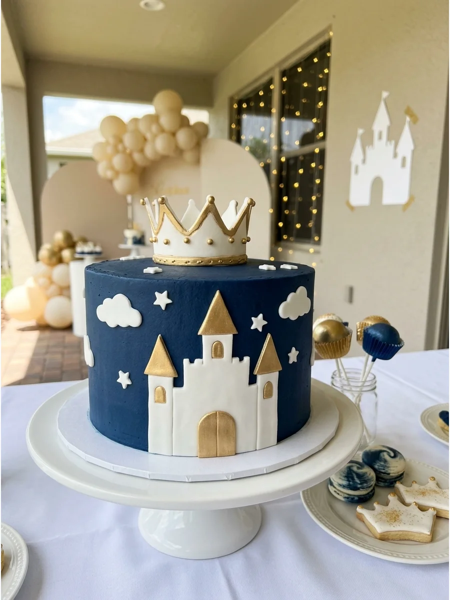 A royal prince themed birthday backdrop in navy and white.