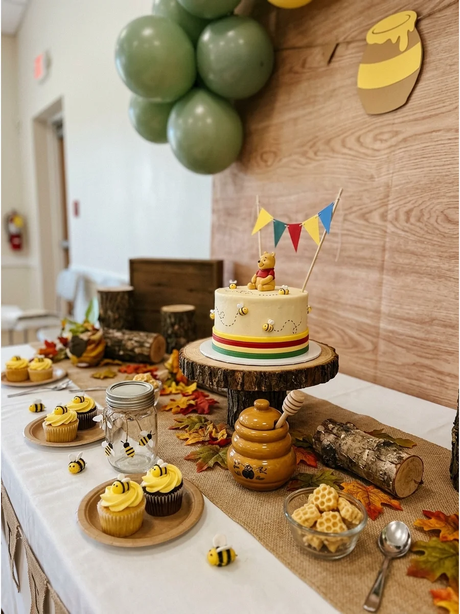 A Winnie the Pooh birthday theme with sage green and yellow decor.