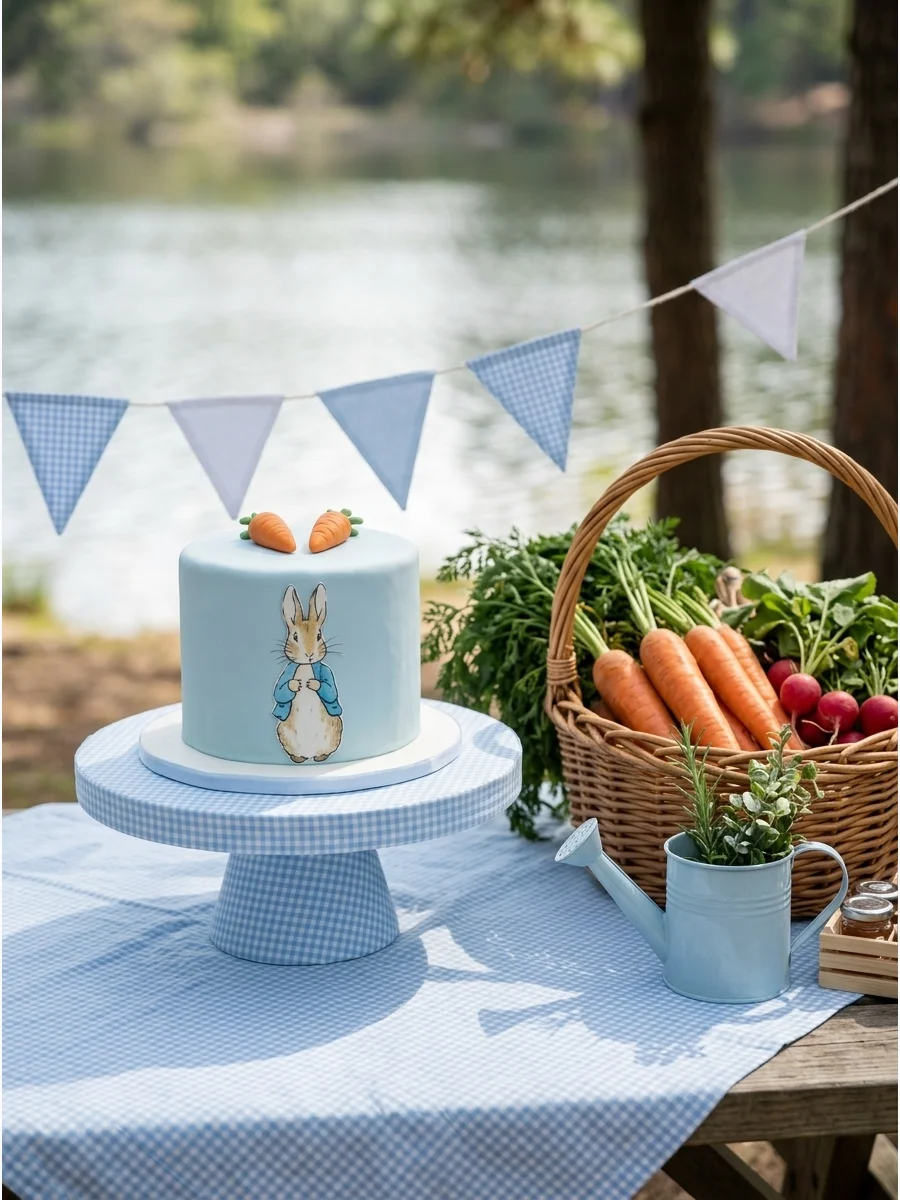 A bunny themed birthday table with blue gingham and fresh carrots.