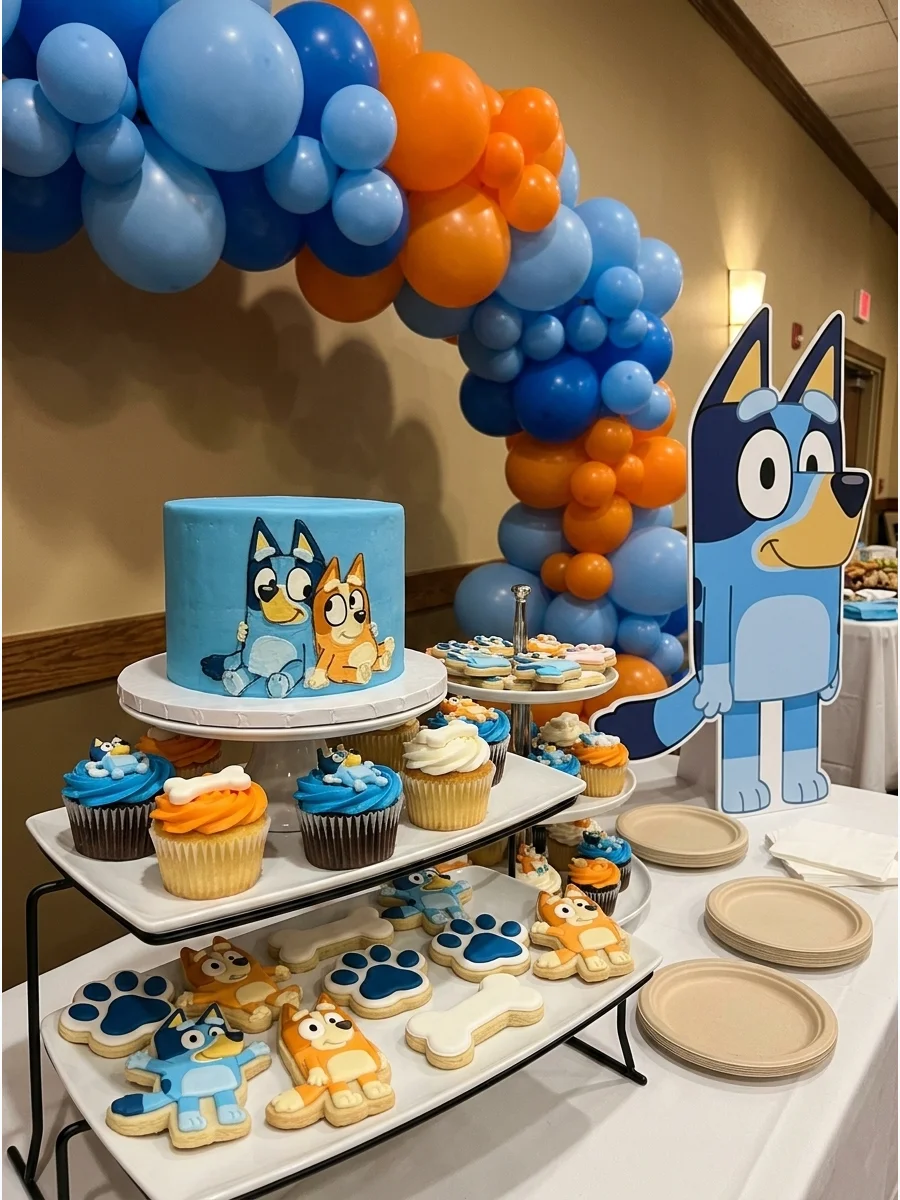A Bluey themed birthday party with blue and orange balloon decor.