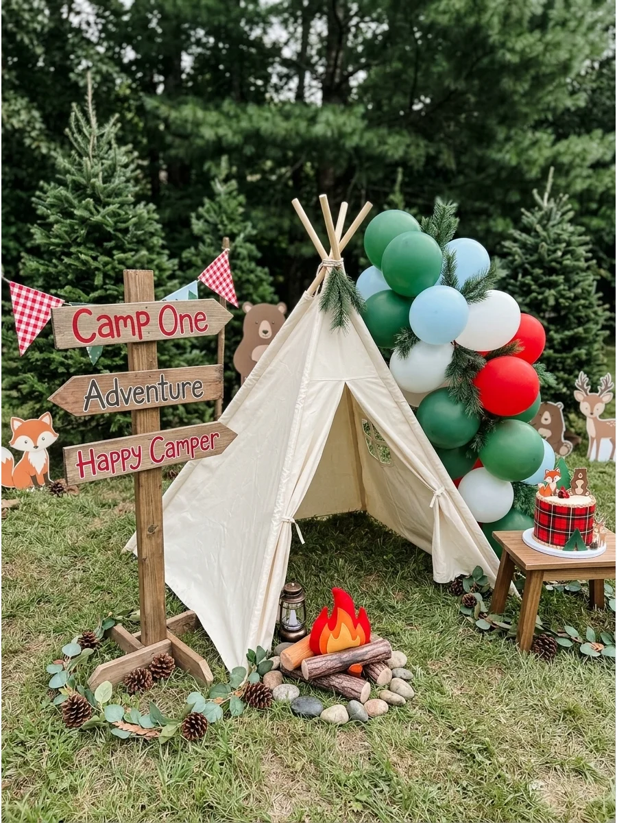 Camping themed first birthday with a small tent and green balloons.