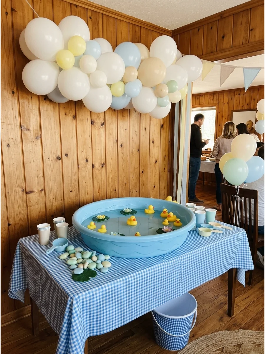 Duck themed birthday party with yellow and blue decorations.