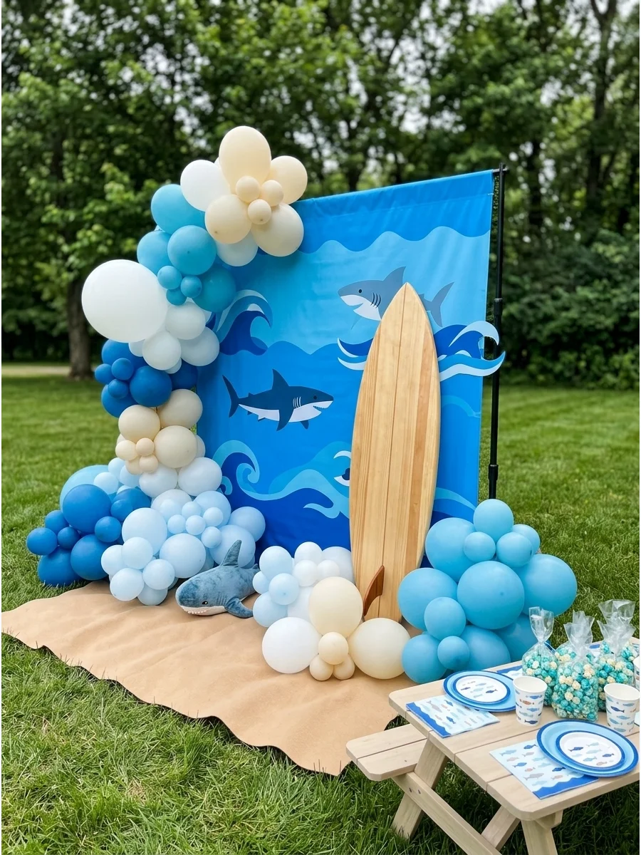 Surfing themed first birthday with a blue backdrop and surfboard prop.