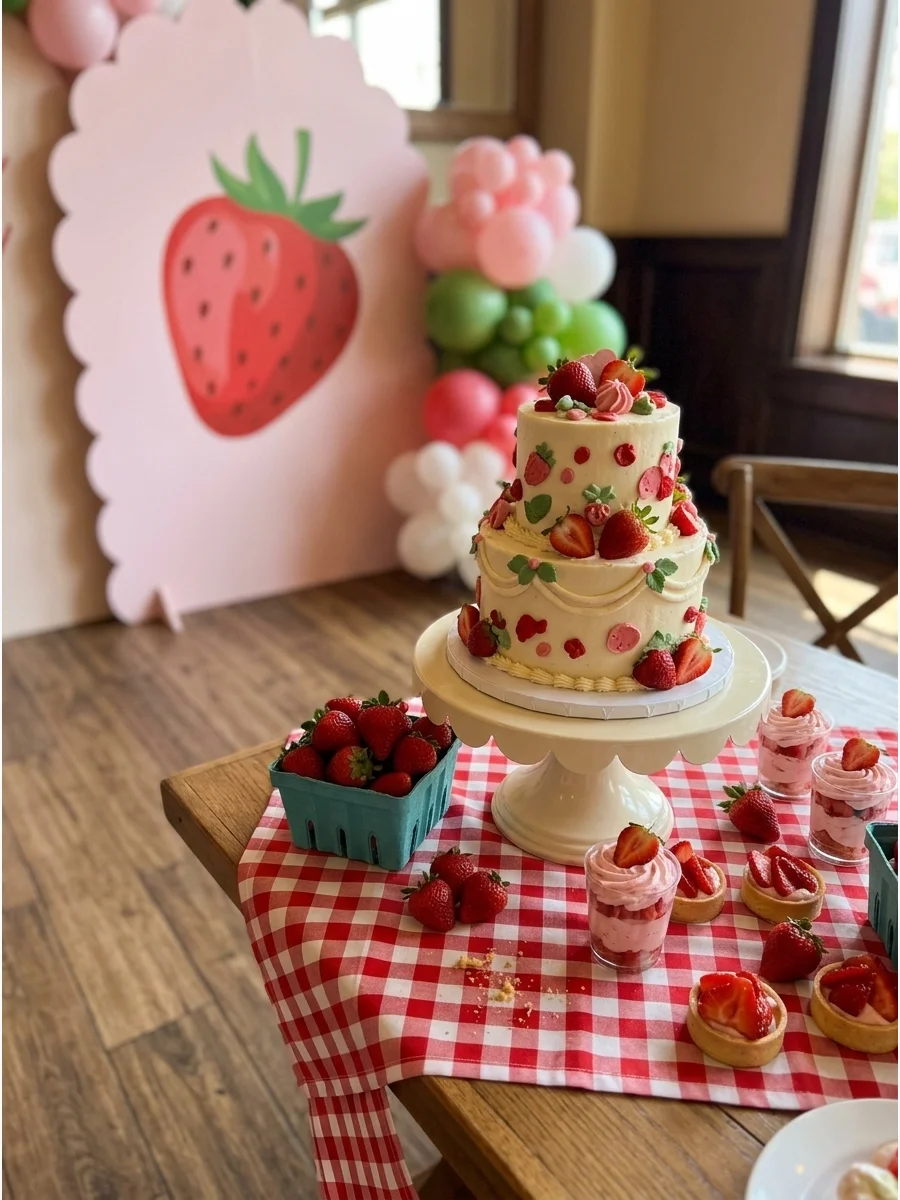 A strawberry themed first birthday setup with pink backdrops and red berry baskets.