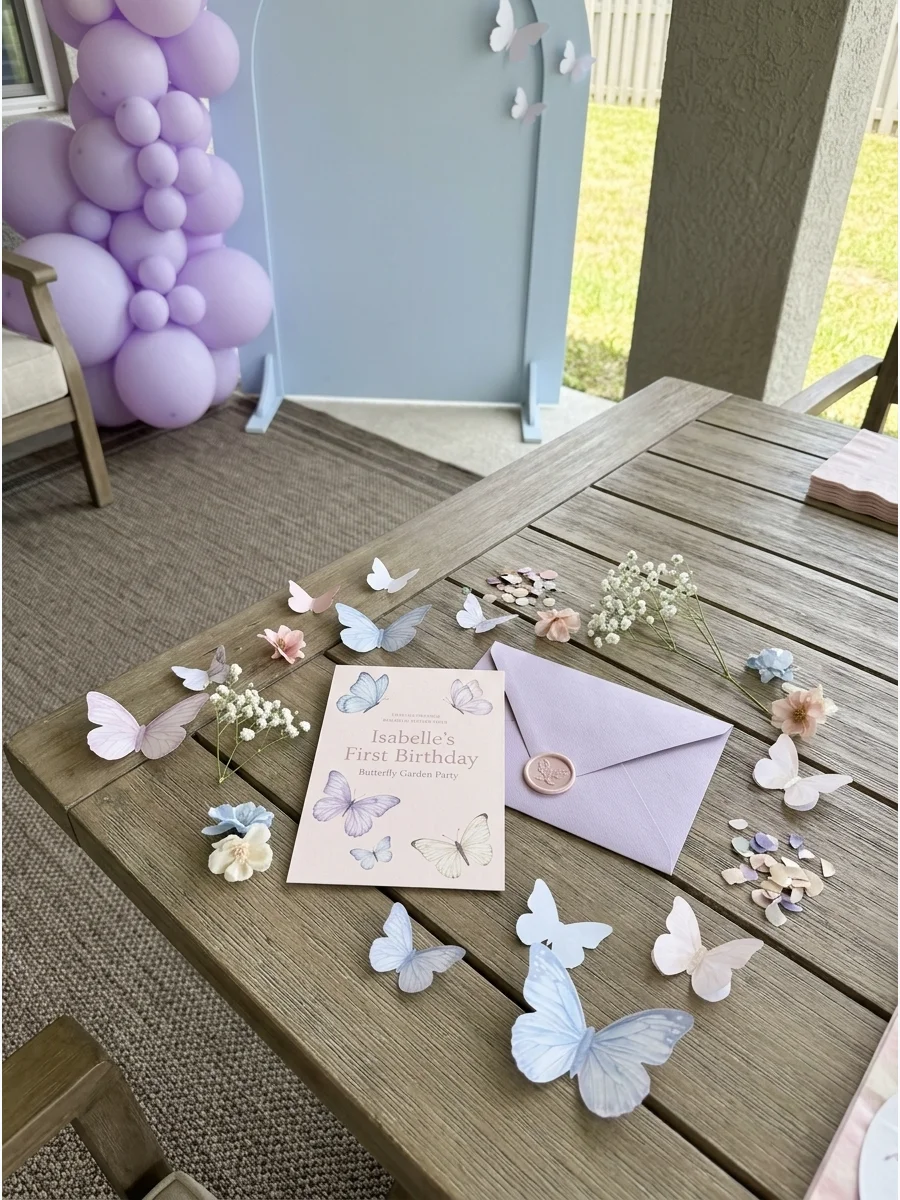 Butterfly garden birthday with lavender balloons and paper butterfly accents.