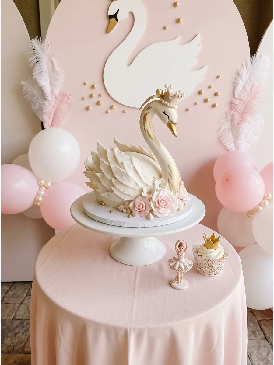 A soft pink swan-themed birthday backdrop with gold accents.