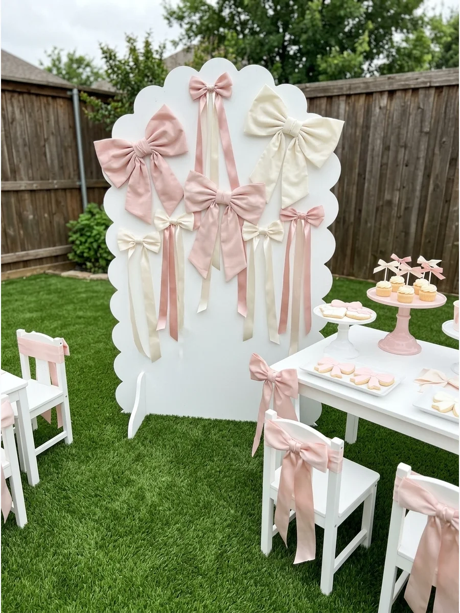 A white backdrop decorated with large pink fabric bows.