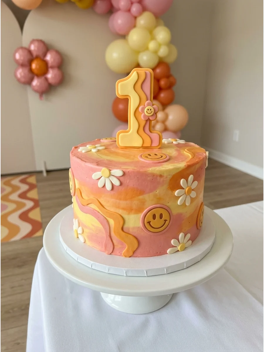 A retro-themed birthday setup with peach and yellow wavy patterns.