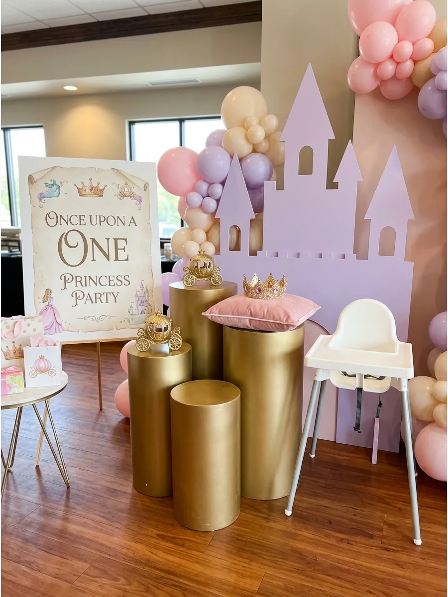 A lavender and gold princess-themed birthday backdrop with a castle cutout.