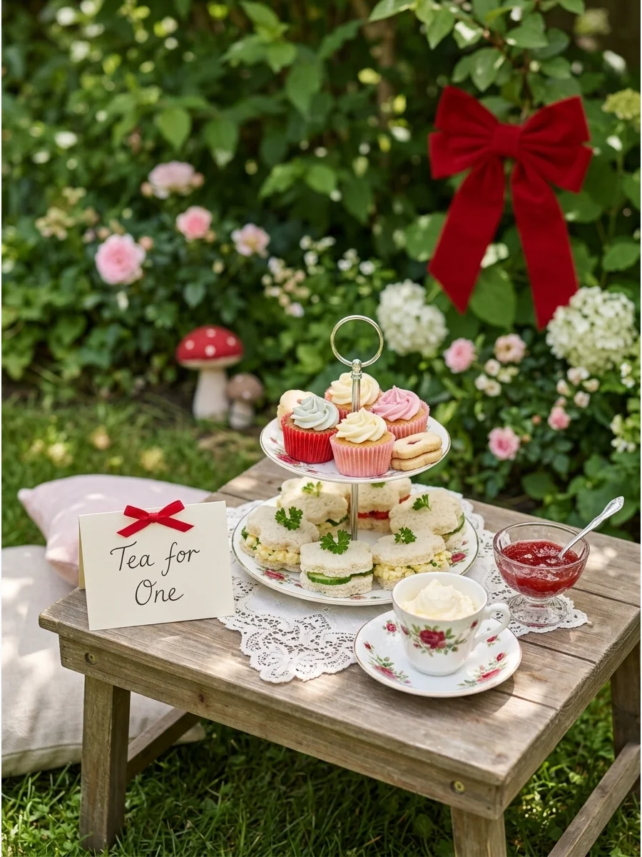 A low garden tea party table with floral plates and lace.