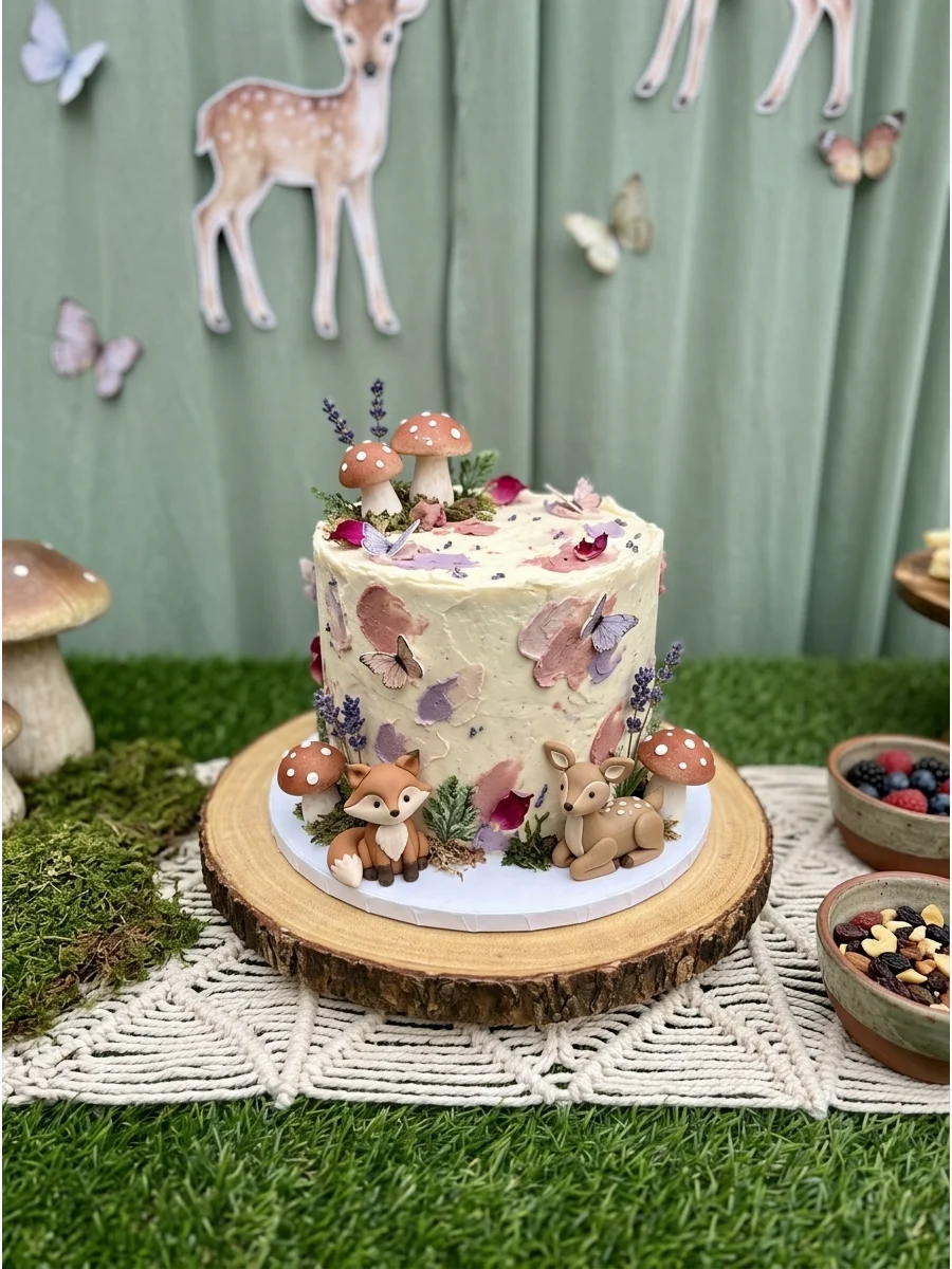 A woodland-themed birthday setup with sage green and deer cutouts.