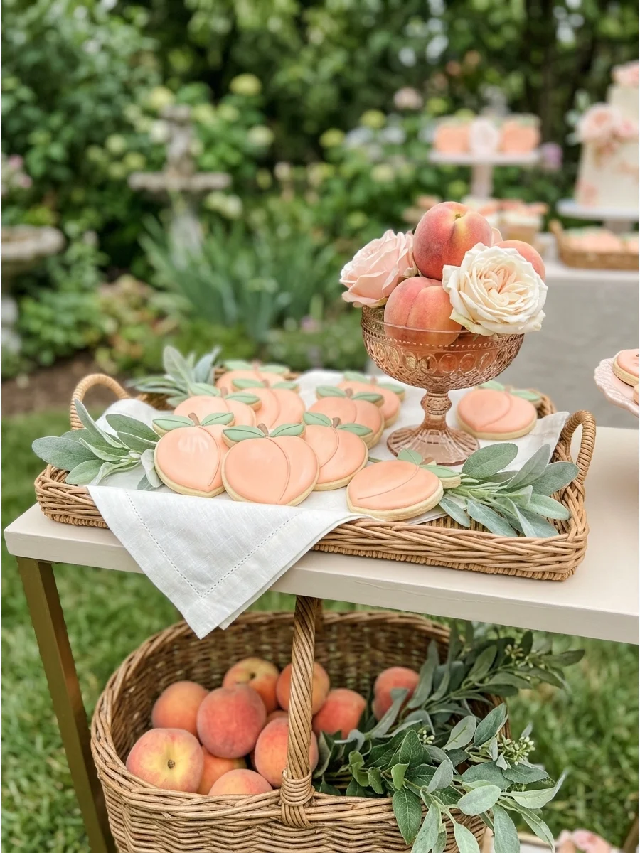 Peach and sage green birthday decor with wicker baskets and soft pink accents.