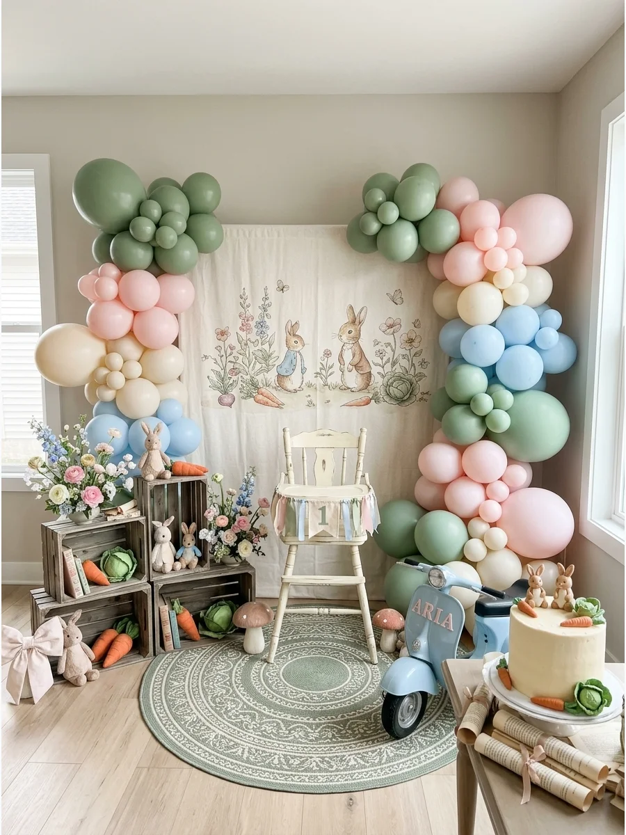 A vintage bunny-themed birthday backdrop with soft garden colors.