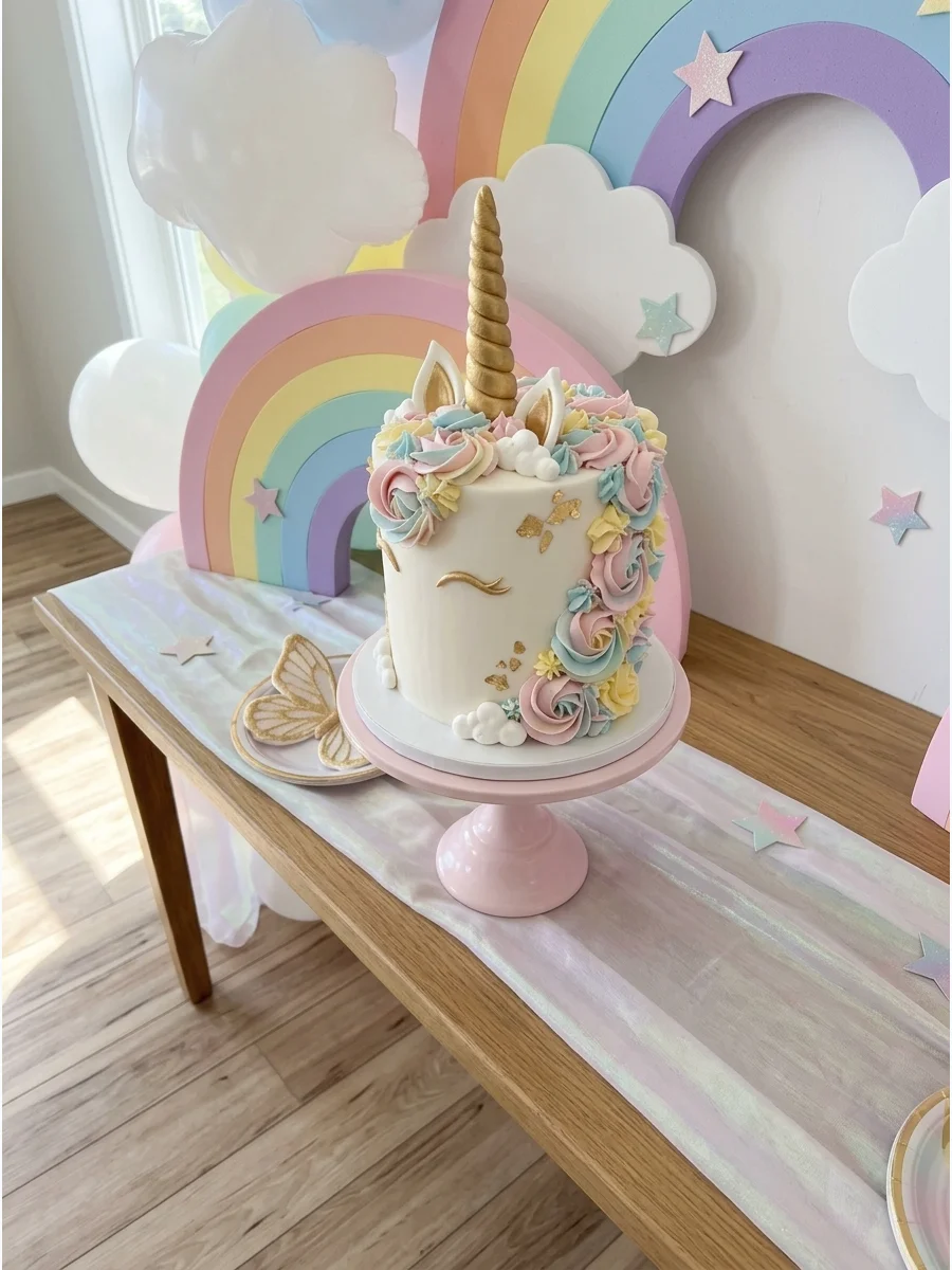 Pastel pink backdrop with a gold unicorn horn and white balloon clouds.