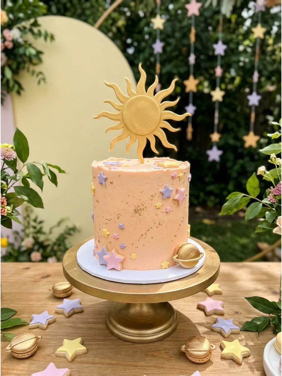 Yellow circular backdrop with gold stars and a peach cake table.