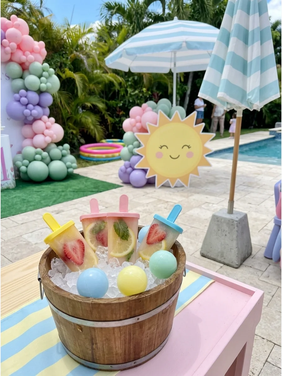 Yellow sun cutouts with a striped umbrella and colorful balloons.