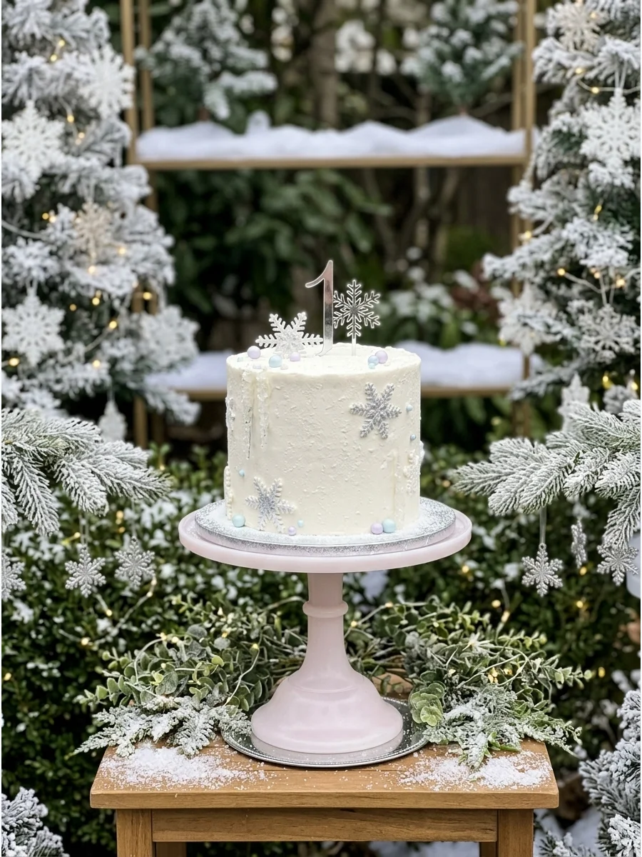White frosted trees and silver snowflakes with a pink cake stand.