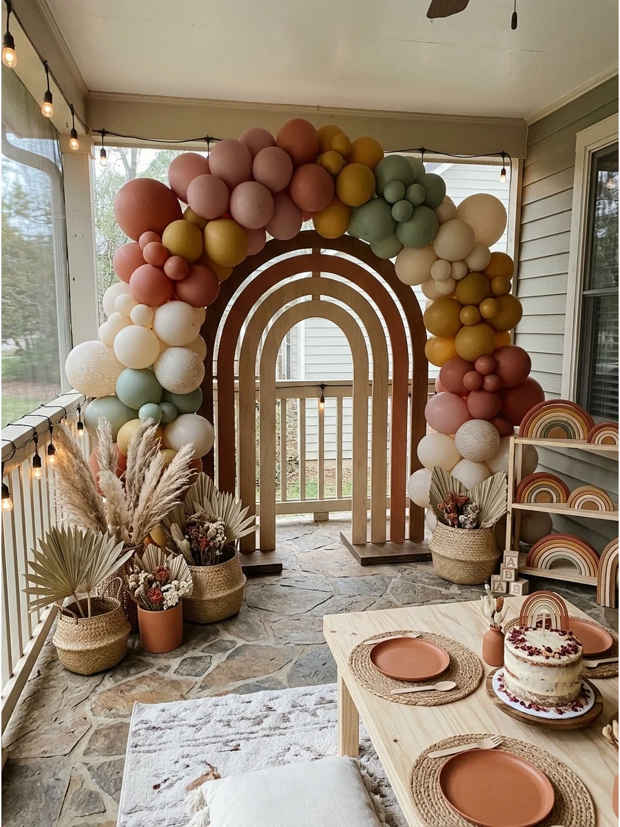 Terracotta and cream balloon arch with a large wooden rainbow.