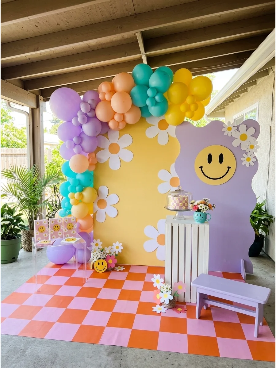 Pink and orange checkerboard floor with a yellow daisy backdrop.