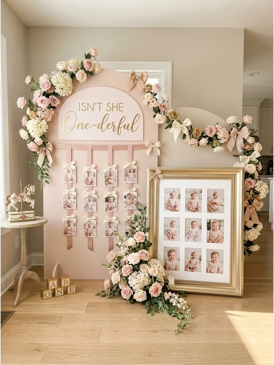 Gold frame with twelve baby photos and pink flowers.