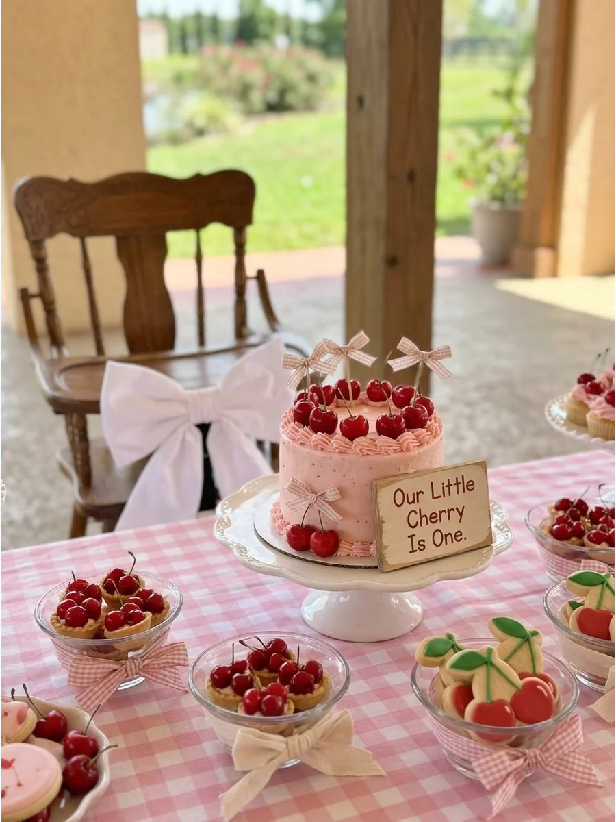 Cherry themed birthday party with pink gingham and red cherry accents.