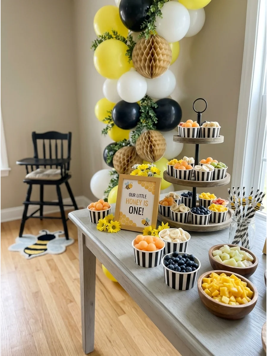 Yellow honeycomb wall with bee cutouts and a striped pedestal.
