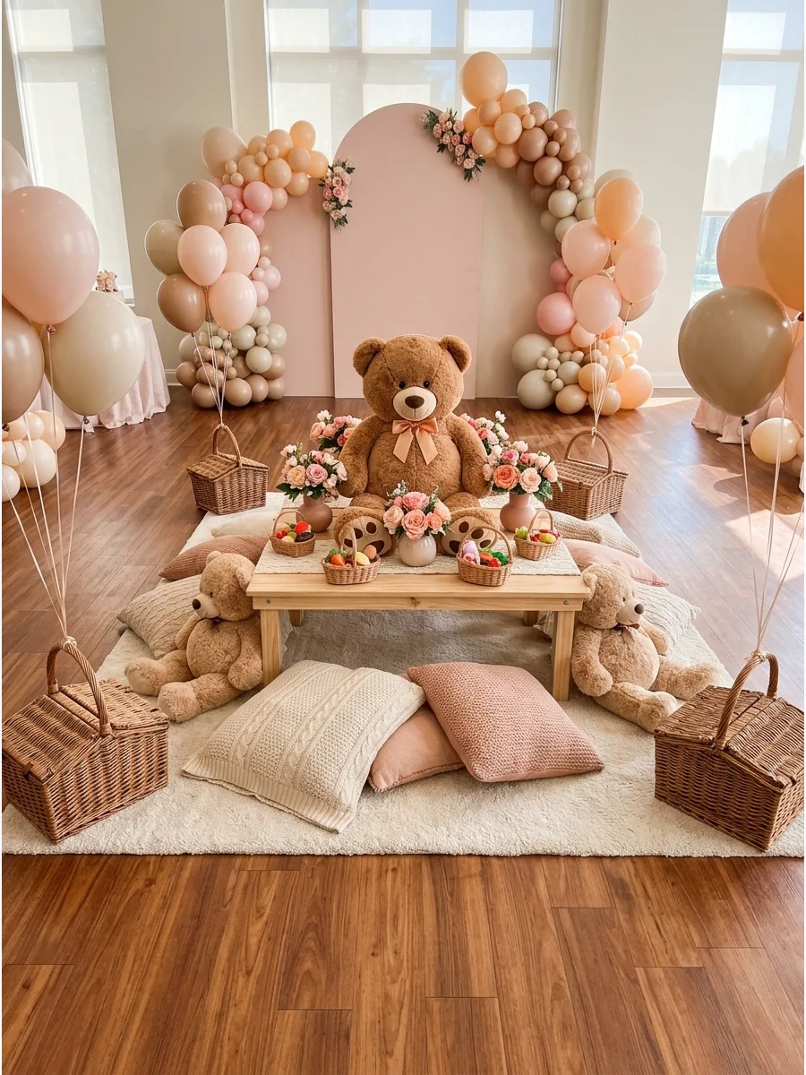 A teddy bear picnic setup with a low wooden table and pink flowers.
