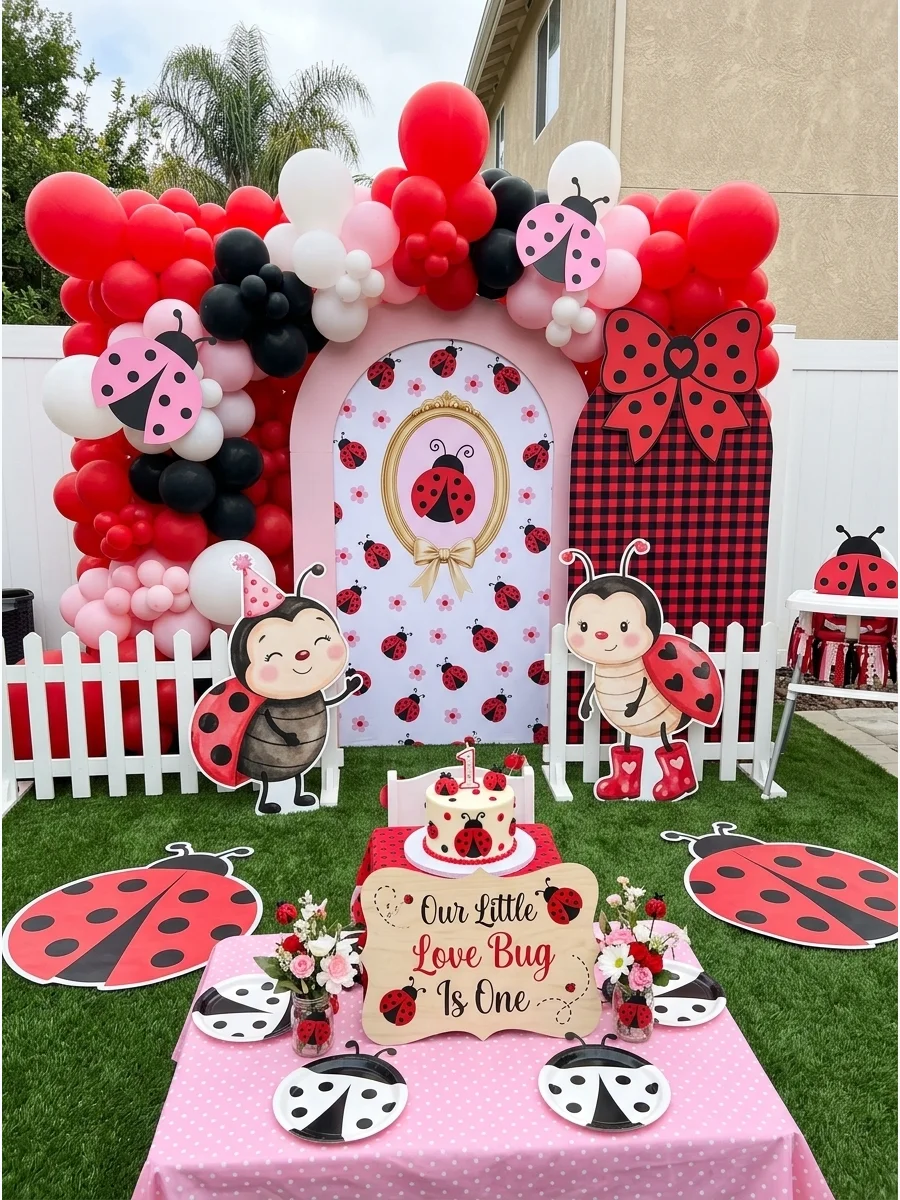 A ladybug themed party display with a white fence and red balloons.