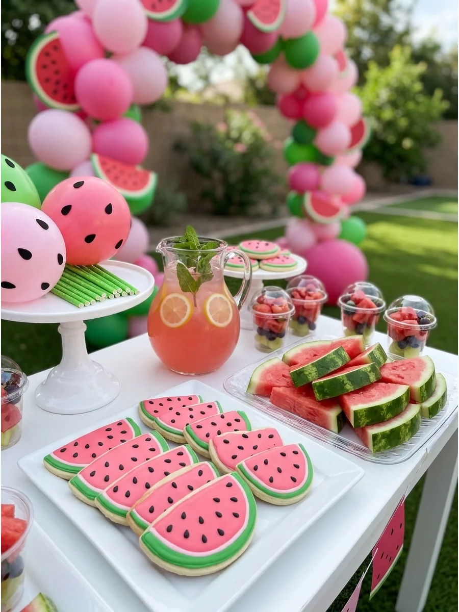 Watermelon themed first birthday with pink and green balloons and fruit snacks.