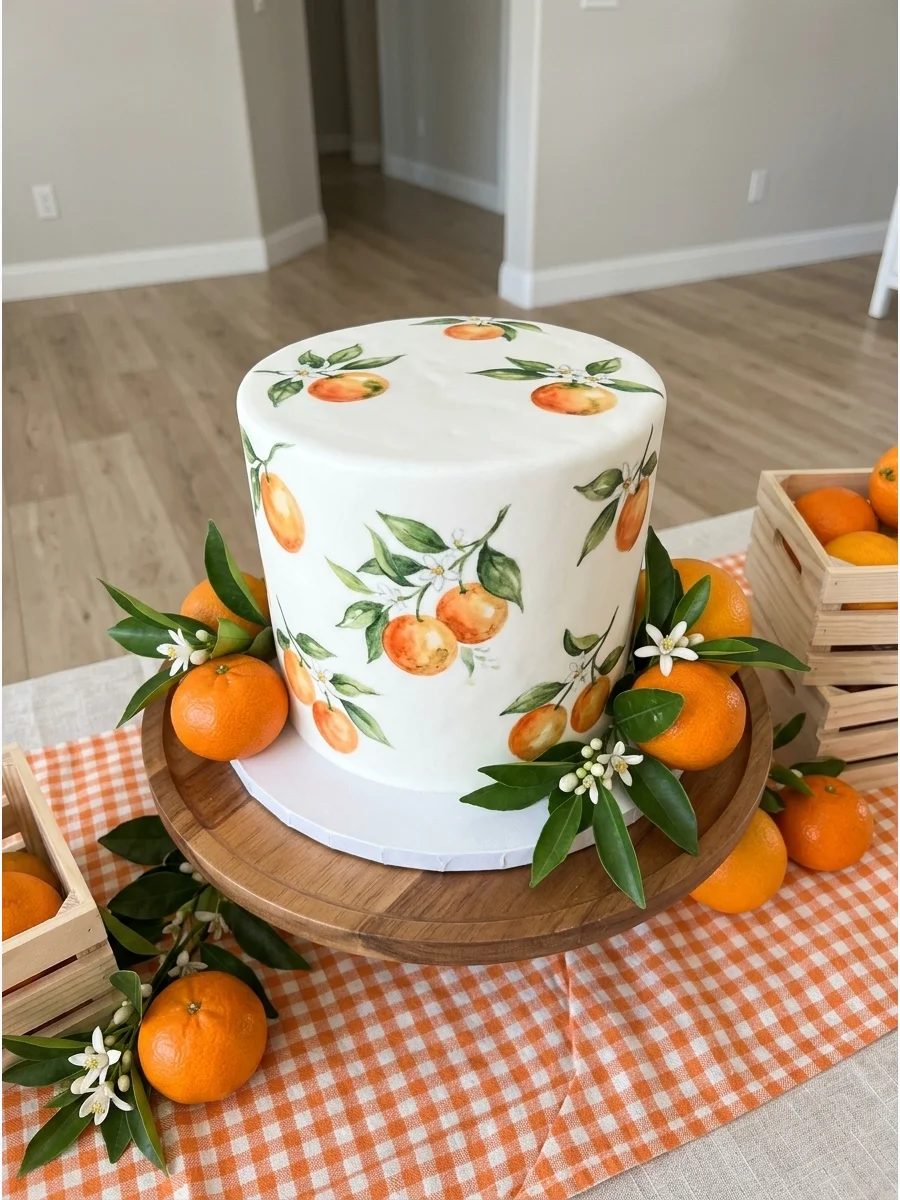 Citrus themed first birthday with orange crates and white floral arrangements.