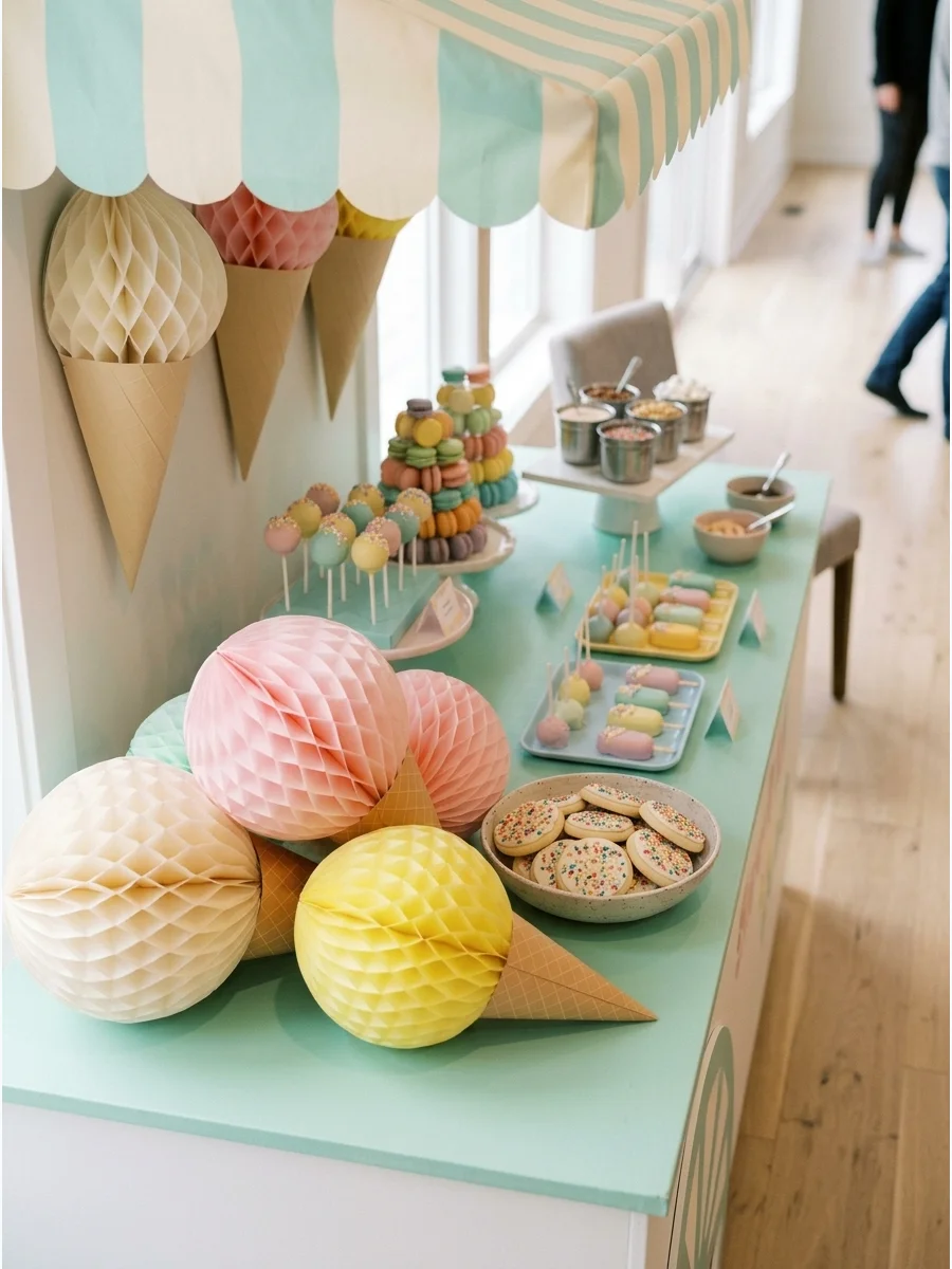 Pastel ice cream themed birthday party with striped awnings and colorful decor.