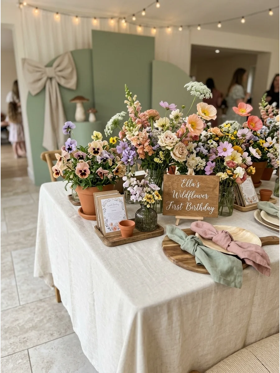 Wildflower themed birthday with sage green backdrops and terracotta pots.