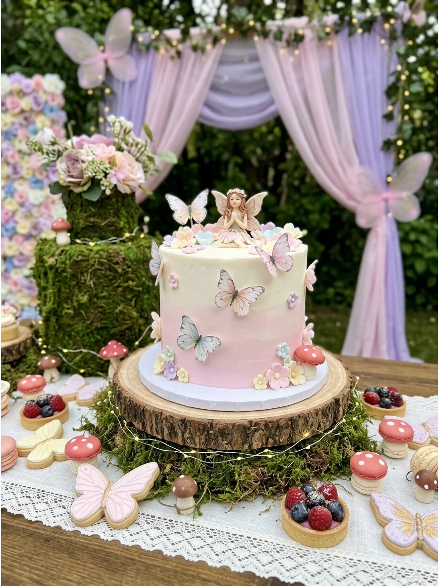 Fairy garden birthday theme with mossy pedestals and pastel flowers.