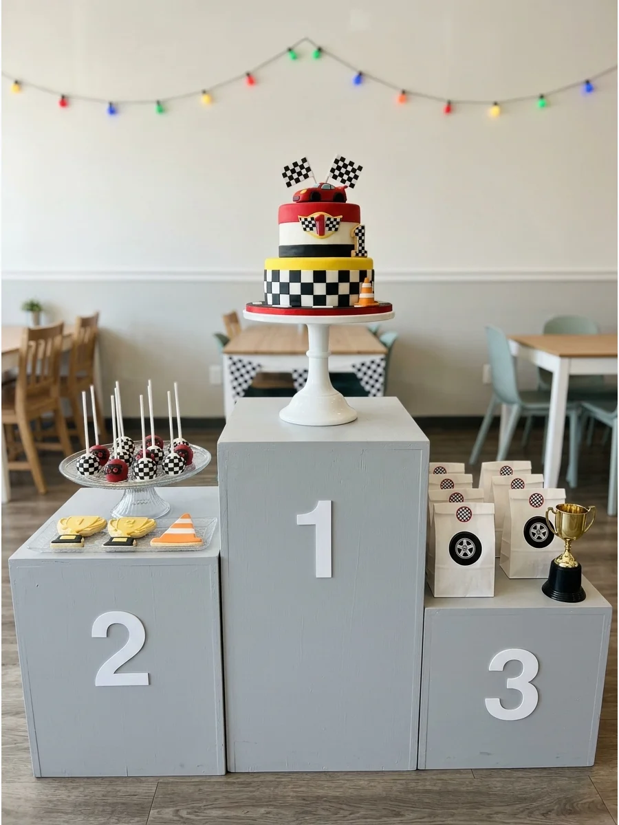 A three-tiered winner's podium used as a cake and dessert display.