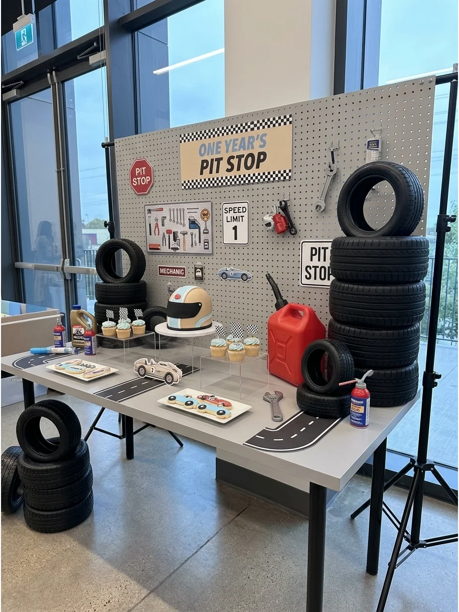 Racing themed pit stop dessert station with gray backdrop and tire props.