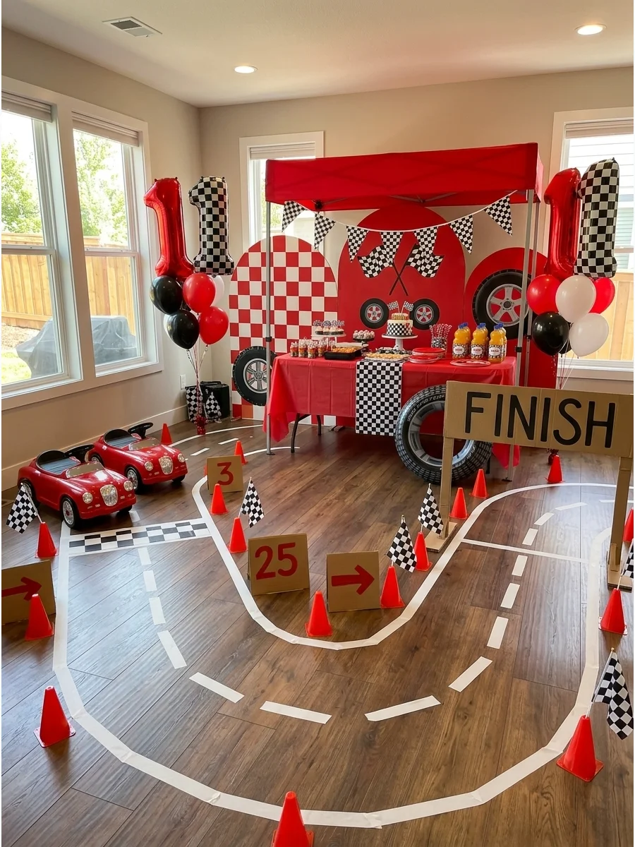 Backyard racetrack for toddlers with chalk lines and orange traffic cones.