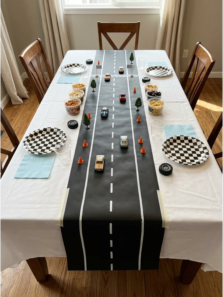 Black paper road table runner with white lane markings and toy cars.