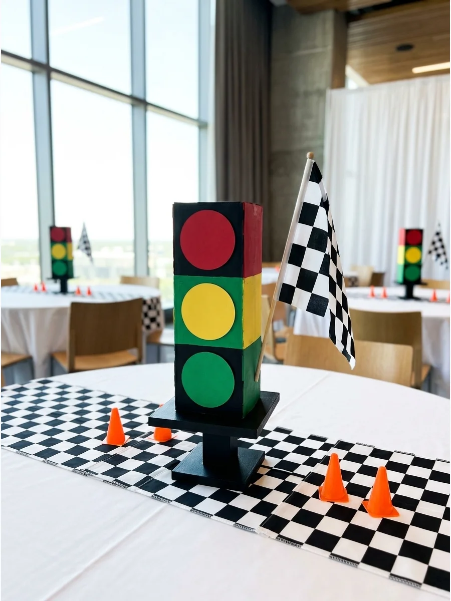 DIY traffic light centerpiece with red yellow and green circles.